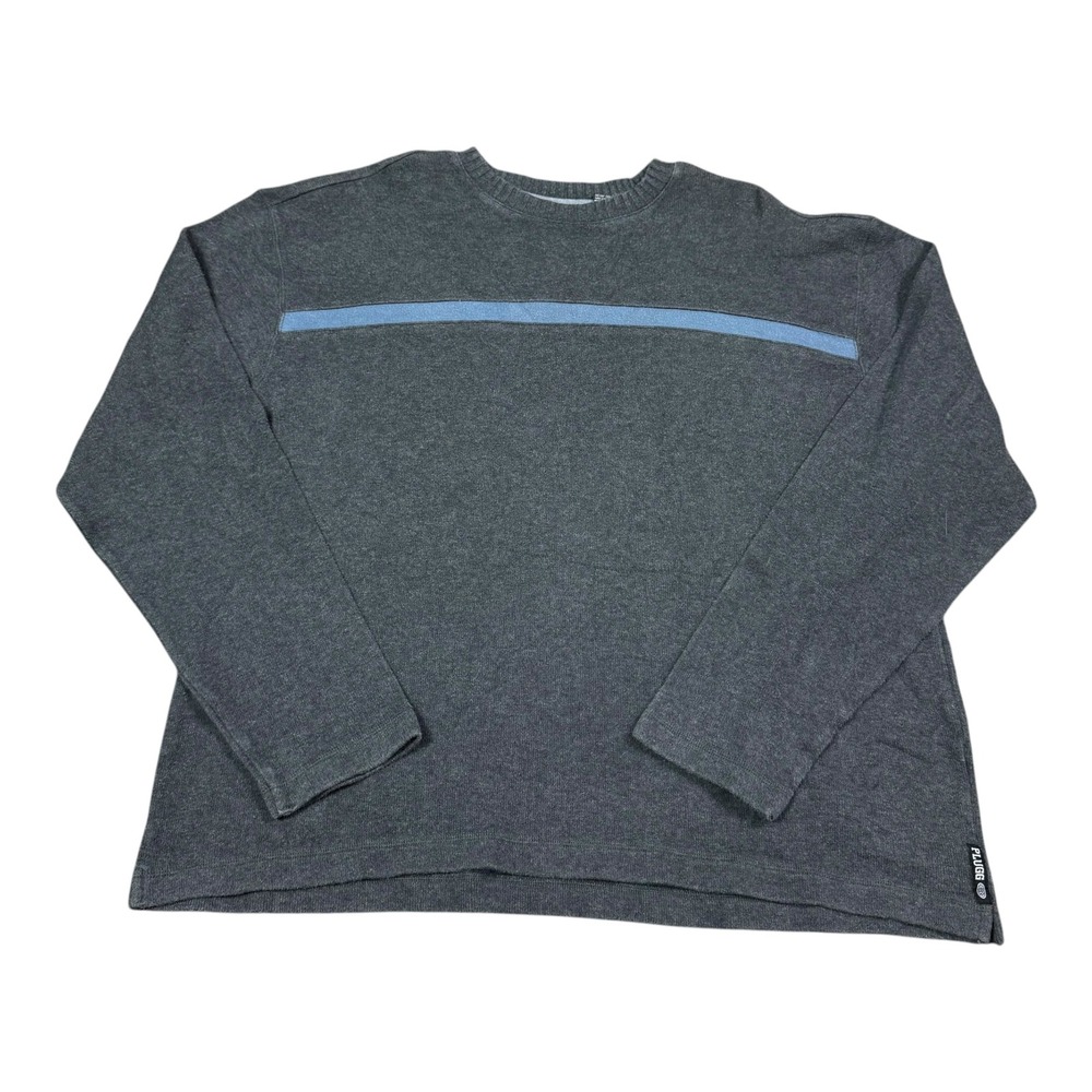 Vintage 2000s Plugg Front Stripe Gray 100% Cotton Sweater Men's XL Boxy Fit